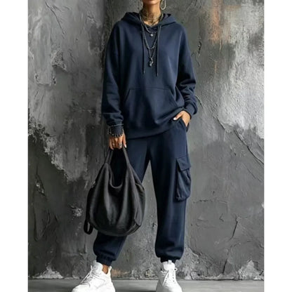 Autumn Winter New Casual Solid Color Hooded Sweatshirt Trousers Set 2026 Fashion Pocket Loose Sports Trousers Female 2 Piece Set