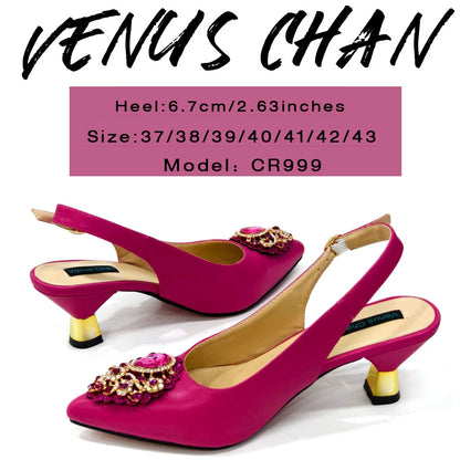 Venus Chan Italian Shoes and Bags Matching Set 2024 Nigeria Elegance Party Rhinestone Pointed Toe Women's Shoes High Heel
