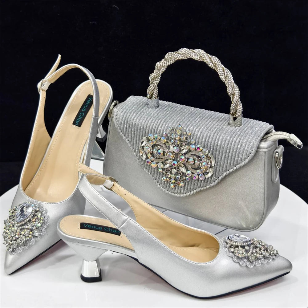 Venus Chan Italian Shoes and Bags Matching Set 2024 Nigeria Elegance Party Rhinestone Pointed Toe Women's Shoes High Heel