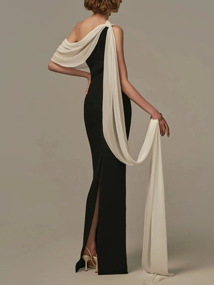 Elegant Two Tone Evening Gown Simple One Shoulder Draped Flowing Sash Customized Prom Dress Fashionable Party Galas Women Wear