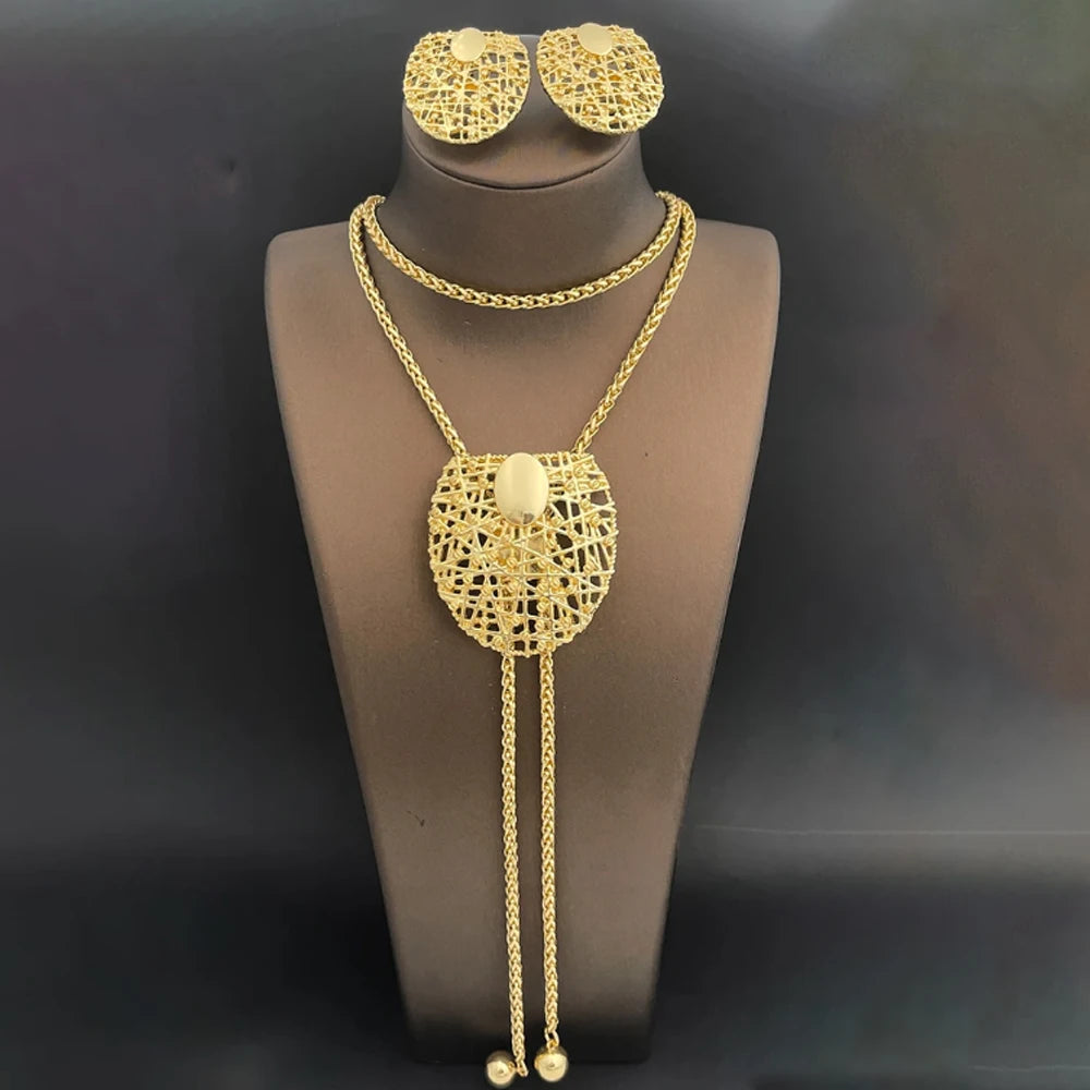 Gold Color Necklace Earrings Set For Women Unique Choker Pendant Earrings 3Pcs Set Jewelry Quality Accessories Free Shipping
