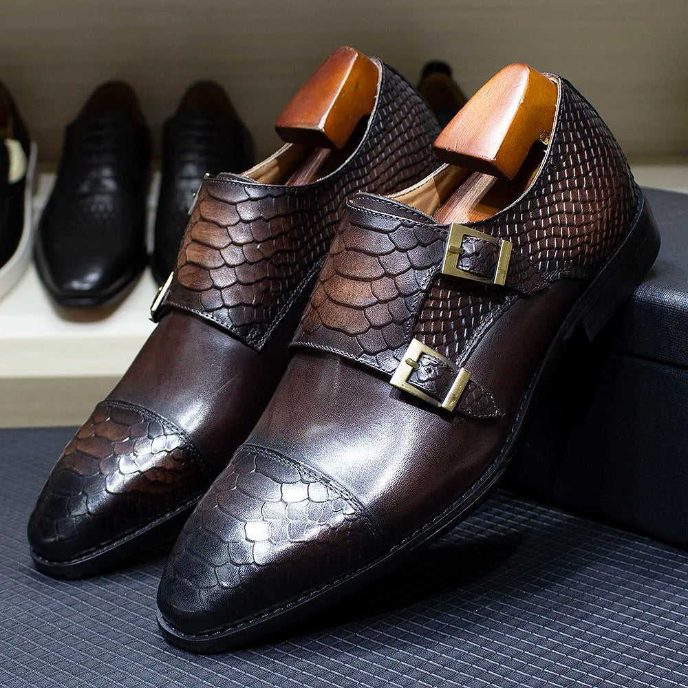 Luxury Double Buckle Monk Strap Men's Dress Shoes Genuine Leather Classic Crocodile Pattern Formal Business Office Footwear