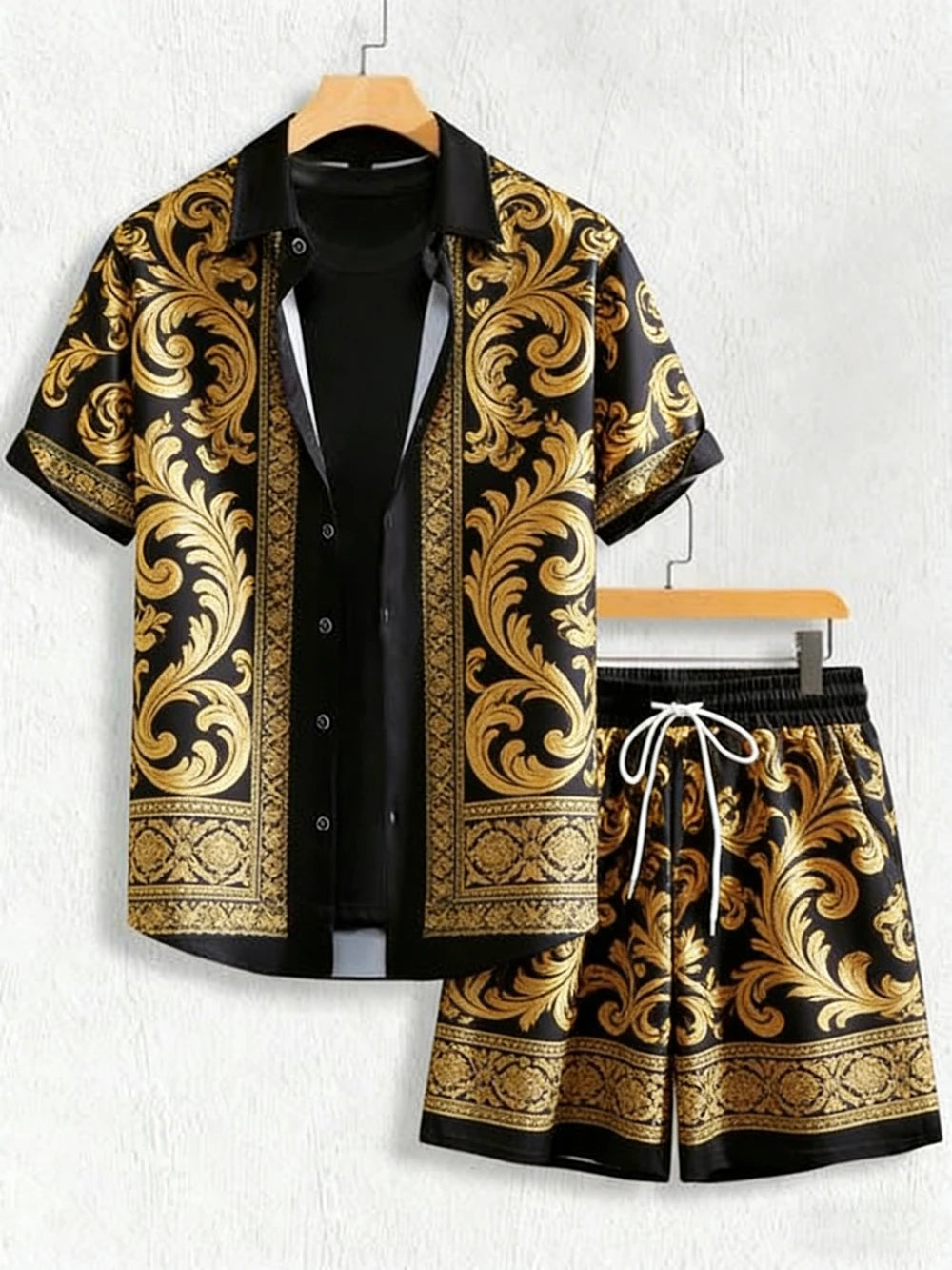 2026 summer new lapel short-sleeved shirt suit Baroque gold 3D printed shirt Hawaiian casual social party men's clothing