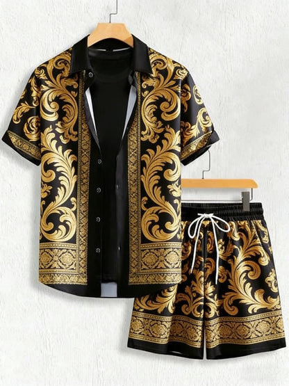 2026 summer new lapel short-sleeved shirt suit Baroque gold 3D printed shirt Hawaiian casual social party men's clothing