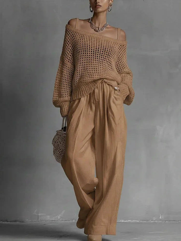 Cotton Casual Pants Sets for Women's Solid Long Sleeve hollow out knit Top Summer Outfit Elastic Waist OL Workwear Wide Leg Suit