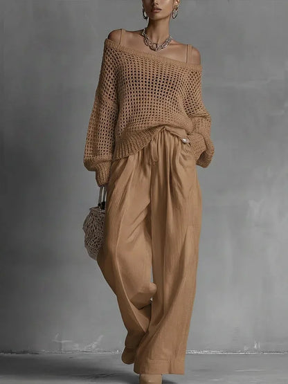 Cotton Casual Pants Sets for Women's Solid Long Sleeve hollow out knit Top Summer Outfit Elastic Waist OL Workwear Wide Leg Suit