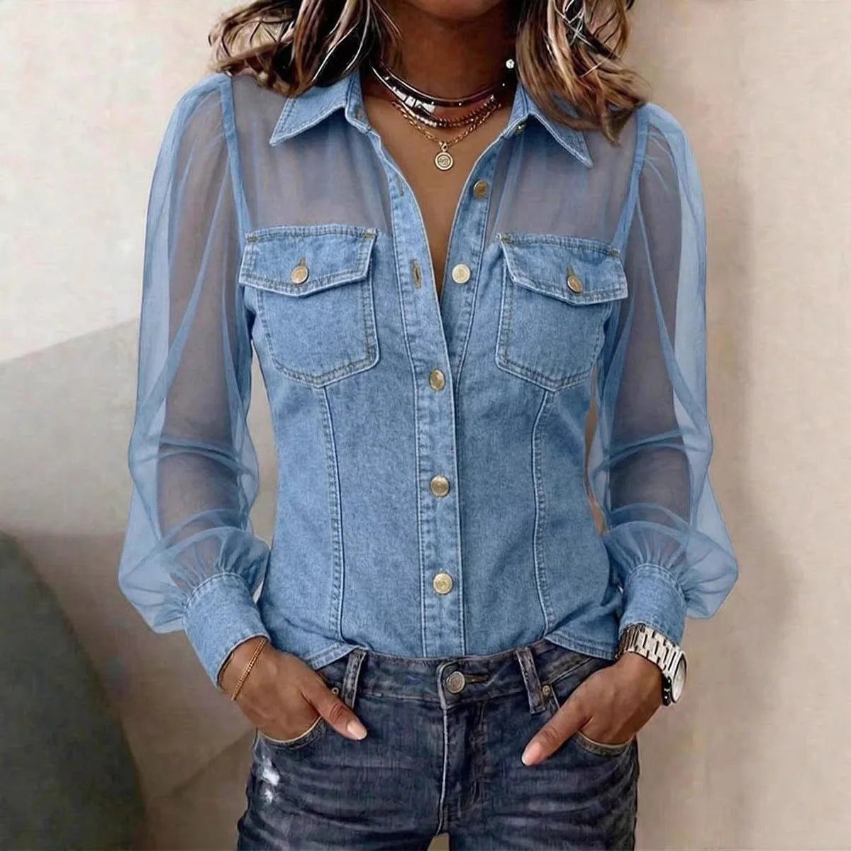 Casual Women's Denim Mesh Puff Sleeve Shirt Blue Jean Button Down Blouse with Pockets Sheer Sleeve Casual Vintage Blouse To