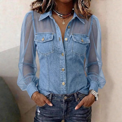 Casual Women's Denim Mesh Puff Sleeve Shirt Blue Jean Button Down Blouse with Pockets Sheer Sleeve Casual Vintage Blouse To