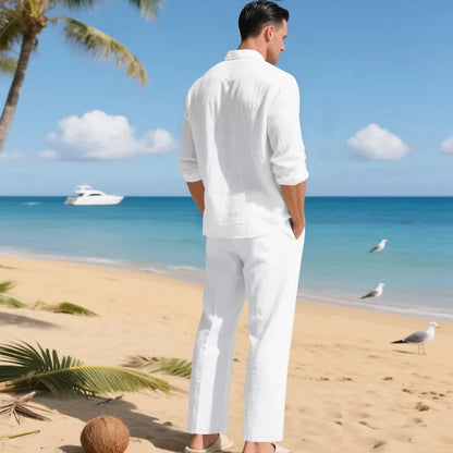 The 2026 Summer Men's linen short-sleeved shirt set is a two-piece long pants set suitable fordaily casual beach vacations 2Pcs