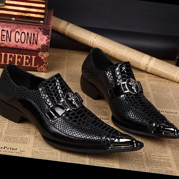 Italian Style Gentleman Dress Shoes Men black Metal Pointed Toe Snake Grain Genuine Leather Shoes Business Party Shoes Men Flat