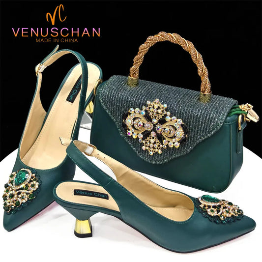 Venus Chan Italian Shoes and Bags Matching Set 2024 Nigeria Elegance Party Rhinestone Pointed Toe Women's Shoes High Heel