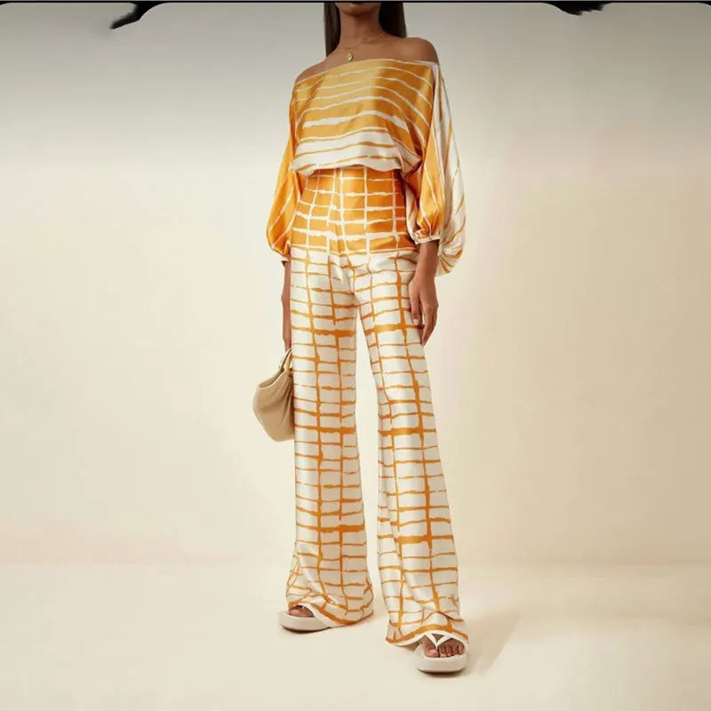 VEITCHE Women Print Outfit  Sleeve Off Shoulder Long Sleeve Blouse Office Lady 2 Piece Sets Spring Autumn Wide Leg Pants Suit