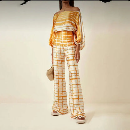 VEITCHE Women Print Outfit  Sleeve Off Shoulder Long Sleeve Blouse Office Lady 2 Piece Sets Spring Autumn Wide Leg Pants Suit