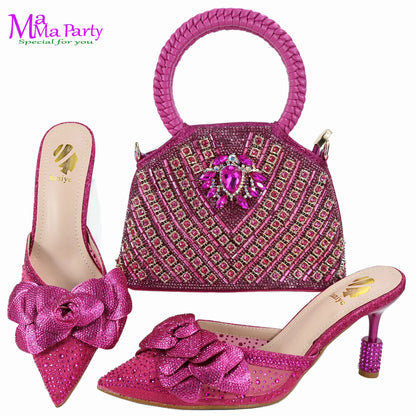 Gold Color New Arrivals Italian Design Nigerian Women Shoes and Bag Set Pointed Toe Slipper with Shinning Crystal for Party
