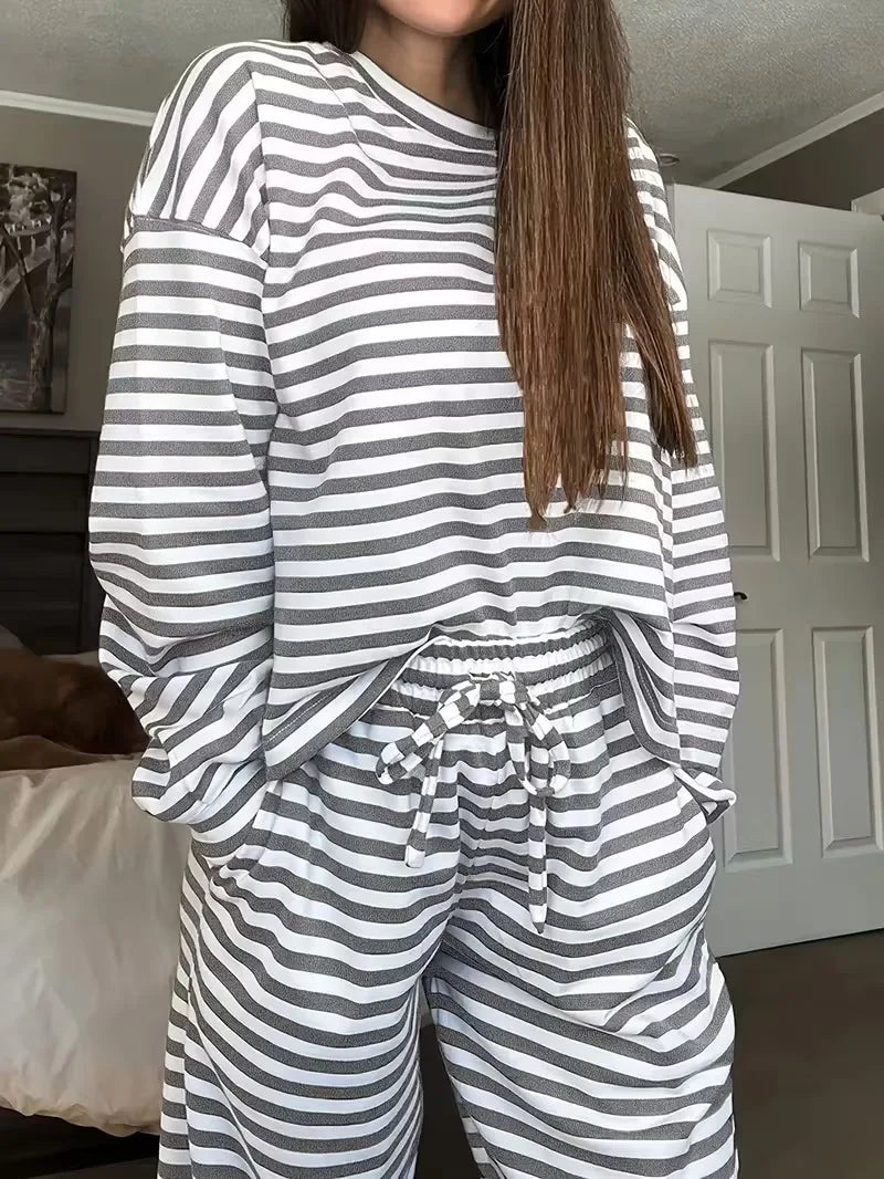 New Simple Striped Suit Simple  Loose Comfortable Lazy Style Long-sleeved Round Neck Pullover Top Lace-up Trousers Two-piece Set