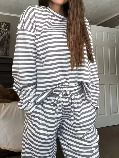 New Simple Striped Suit Simple  Loose Comfortable Lazy Style Long-sleeved Round Neck Pullover Top Lace-up Trousers Two-piece Set