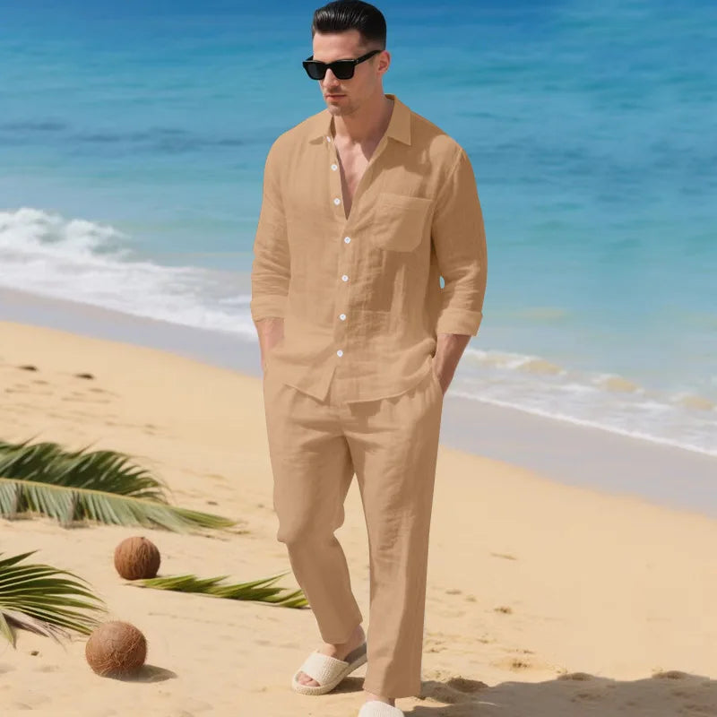 The 2026 Summer Men's linen short-sleeved shirt set is a two-piece long pants set suitable fordaily casual beach vacations 2Pcs
