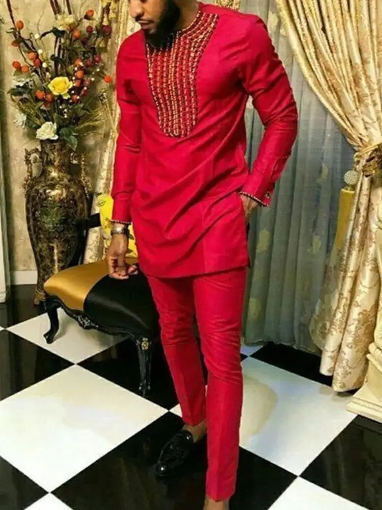 2025 African Sets For Men Autumn Striped Print Casual Dashiki Ethnic Style Long O-Neck Fashion Wedding Two-piece Suit New