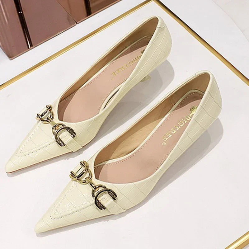 Women 4.5cm High Heels Elegant Patent Leather Pumps Female Sexy Metal Buckle High Heels Lady Fashion Pointed Toe Shallow Shoes