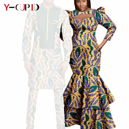 African Print Long Dresses for Women Matching Men Outfit Dashiki Top and Pant Sets Couples Clothes Kaftan Party Outwear Y23C054