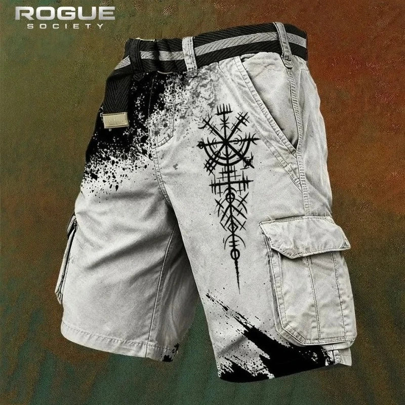 Norse Raven Printed Cargo Shorts Men Y2K Gothic Viking Embroidery Tree Graphic Harajuku Streetwear Loose Washed Summer Bottoms