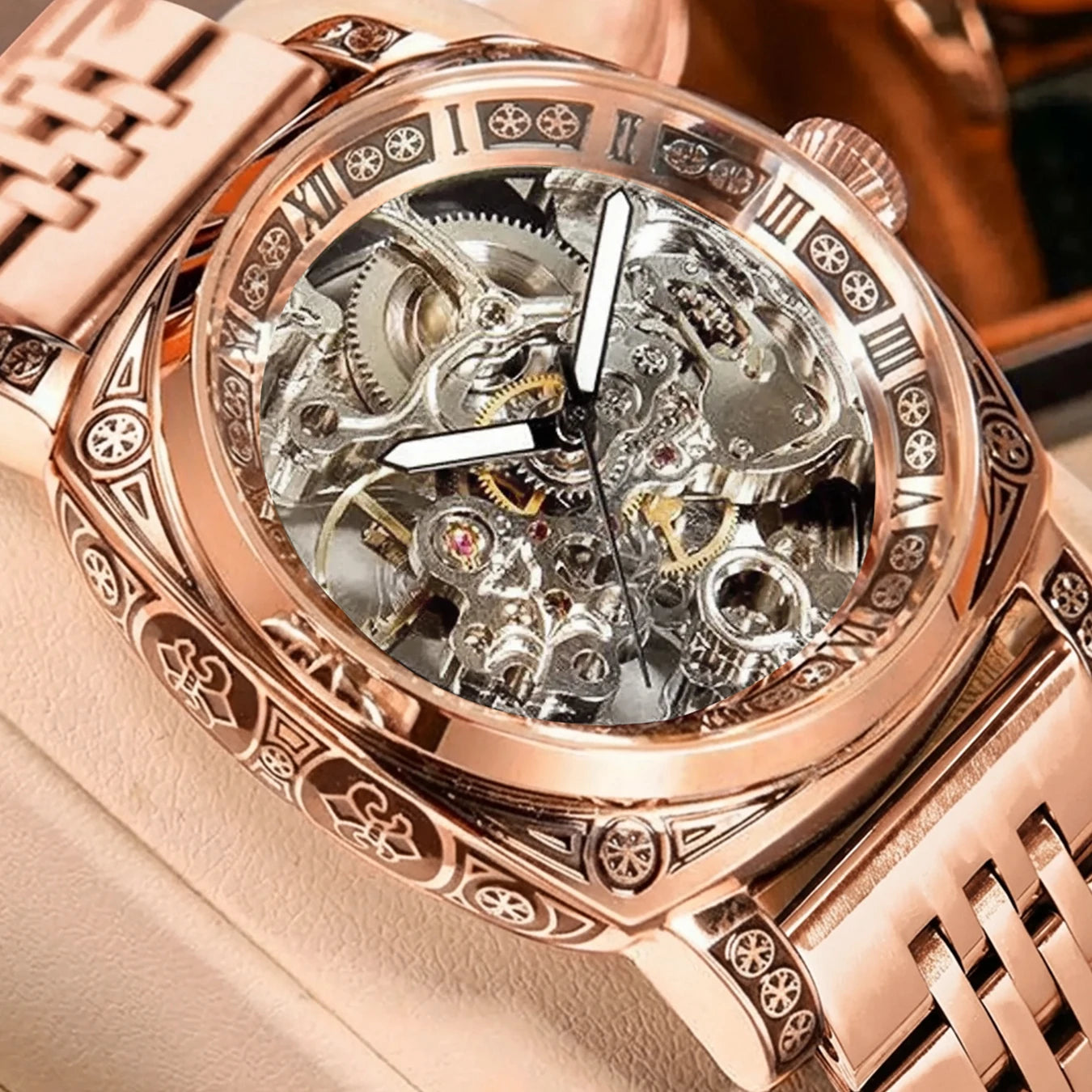 A MEN'S Black Zinc Alloy Business Style Luminous Carved Fully Automatic Tourbillon Hollow Mechanical Watch