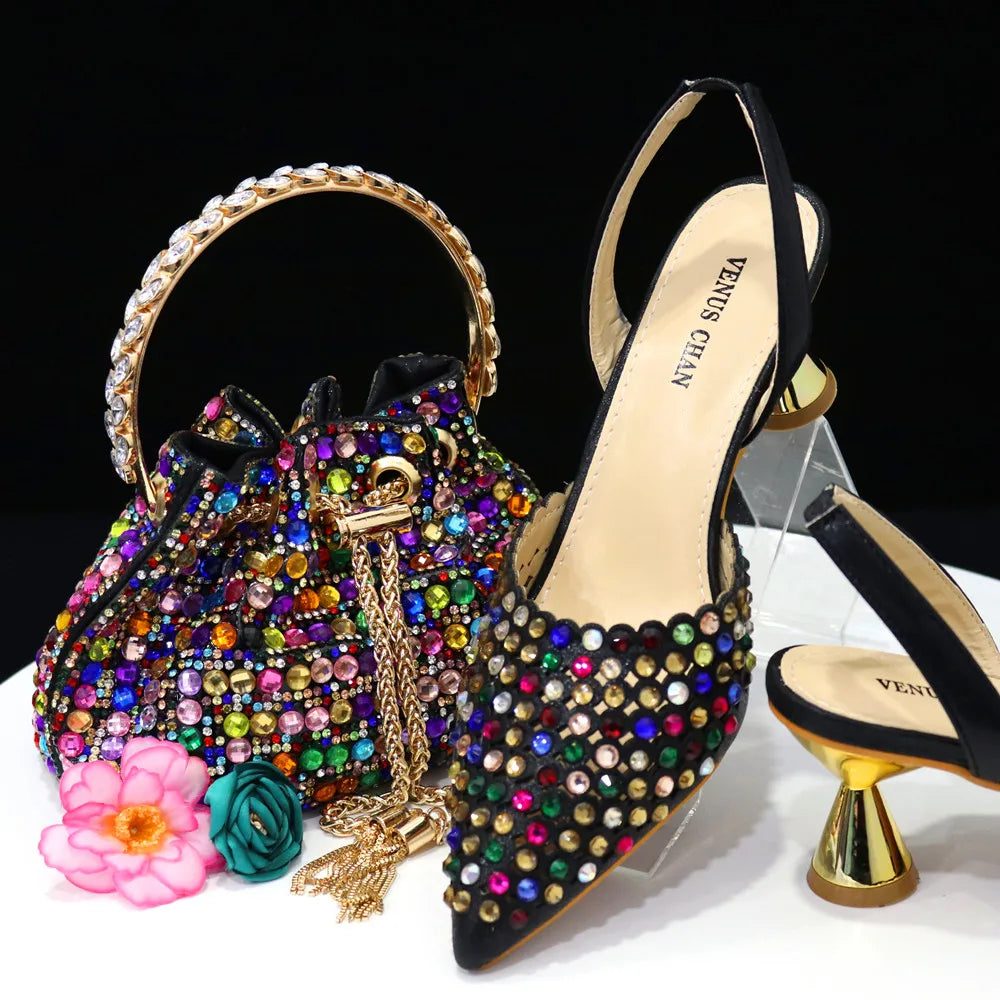 Venus Chan Pointed Toe Heels for Women 2023 Elegant Party Wine Color Full Diamond Pumps Italian Shoes and Bags Matching Set