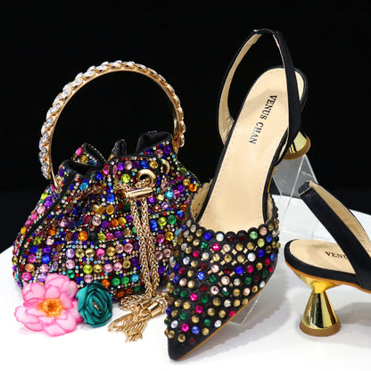 Venus Chan Pointed Toe Heels for Women 2023 Elegant Party Wine Color Full Diamond Pumps Italian Shoes and Bags Matching Set