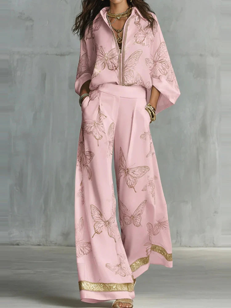 Casual Long Sleeve Pocket Loose 2Pc Sets Lapel Zipper Shirt & Wide Leg Pants Suit Women Fashion Butterfly Print Matching Outfits