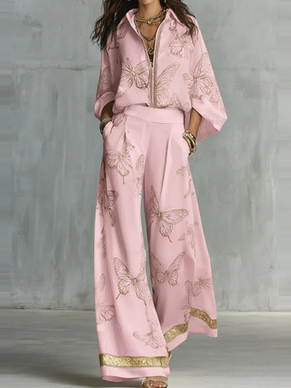 Casual Long Sleeve Pocket Loose 2Pc Sets Lapel Zipper Shirt & Wide Leg Pants Suit Women Fashion Butterfly Print Matching Outfits