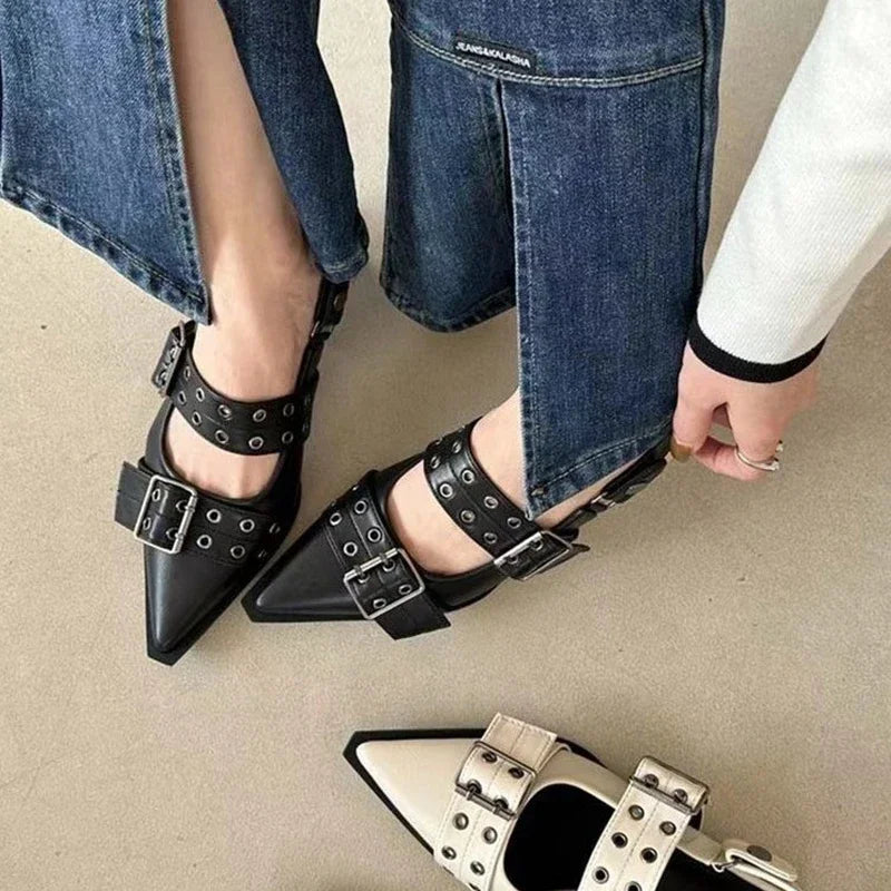 Women's New French Style Pointed Toe Mary Jane Shoes Retro Medium Thick Heel Shoes for Women with Skirts and Small Leather Shoes