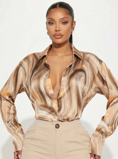 Plus Size Women's Swirl Pattern Button Up Shirt, Long Sleeve Point Collar Loose Fit Blouse