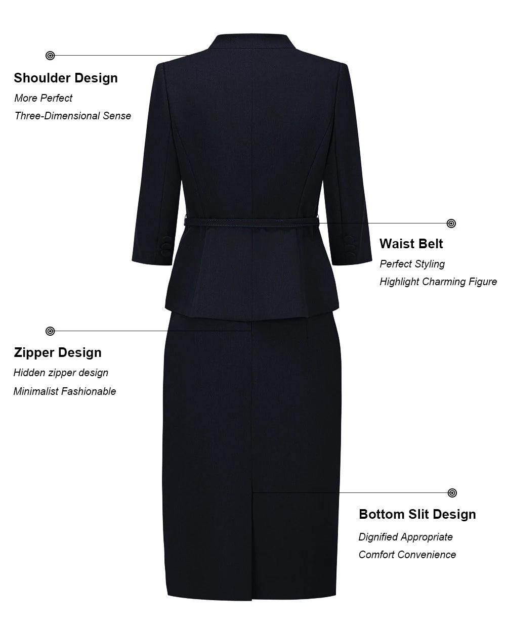 Two-Piece Suit For Women, Navy Blue Luxury Fashion Workplace Two-Piece Skirt Set, Minimalist Elegant Three-Quarter Sleeve Design