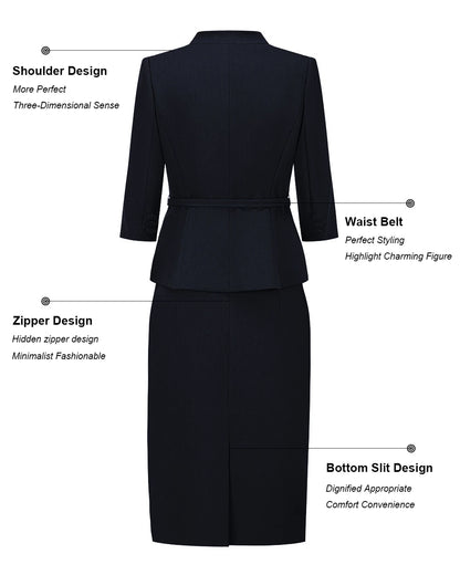 Two-Piece Suit For Women, Navy Blue Luxury Fashion Workplace Two-Piece Skirt Set, Minimalist Elegant Three-Quarter Sleeve Design