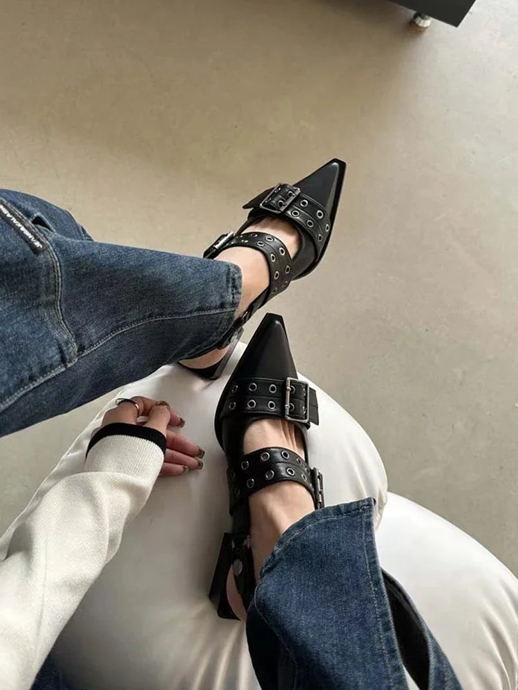 Women's New French Style Pointed Toe Mary Jane Shoes Retro Medium Thick Heel Shoes for Women with Skirts and Small Leather Shoes
