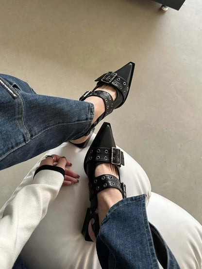 Women's New French Style Pointed Toe Mary Jane Shoes Retro Medium Thick Heel Shoes for Women with Skirts and Small Leather Shoes
