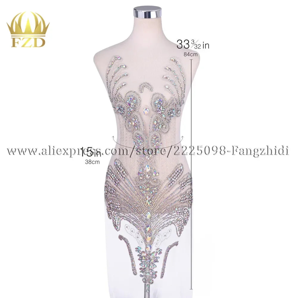 FZD 1 PC Silver Rhinestone Crystal Patches Handmade Gold Crystal Glass Rhinestone Bodice Applique Sew on Wedding Evening Dresses
