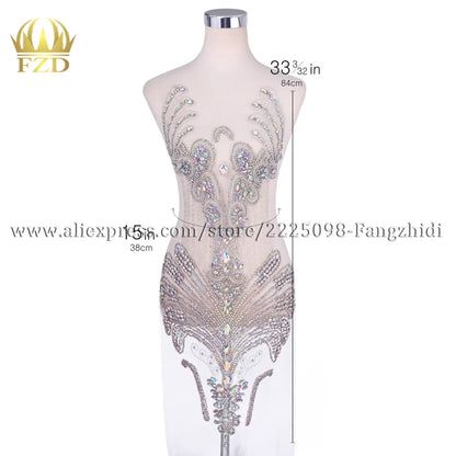 FZD 1 PC Silver Rhinestone Crystal Patches Handmade Gold Crystal Glass Rhinestone Bodice Applique Sew on Wedding Evening Dresses
