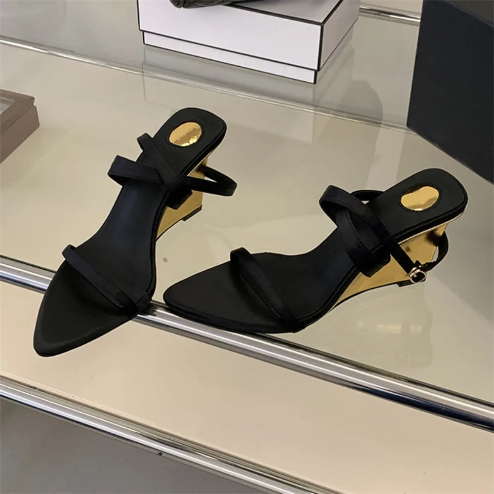 Street Style Design Wedges Heels Women Sandals Buckle Strap Pointed Toe Banquet Shoes Summer Ladies Pumps