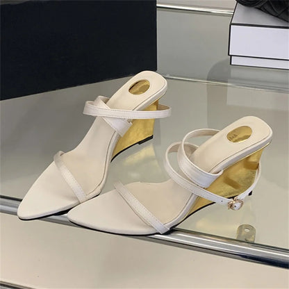 Street Style Design Wedges Heels Women Sandals Buckle Strap Pointed Toe Banquet Shoes Summer Ladies Pumps