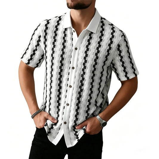 Summer Men's Knit Short Sleeve Shirt, Vintage Plaid Pattern Casual Button Up Top, Breathable Textured Fabric for Daily Vacation