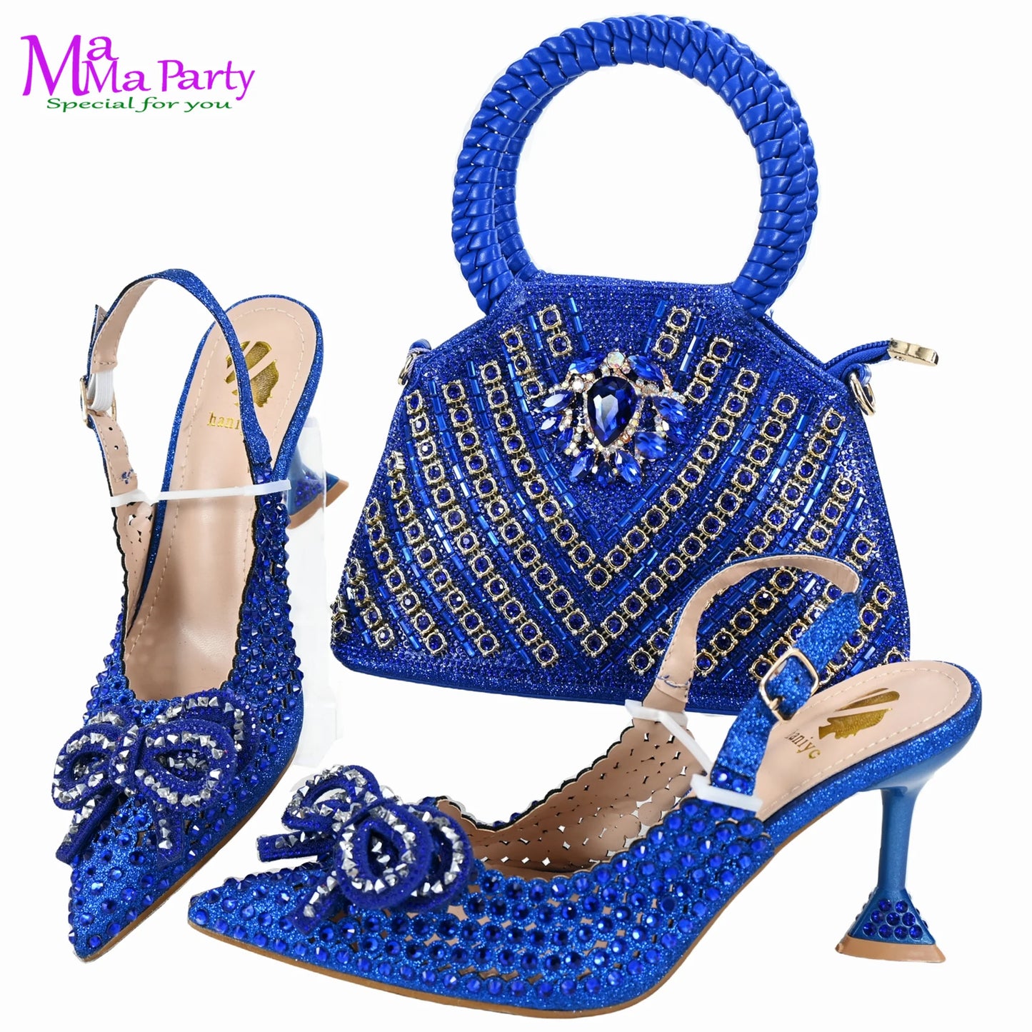 Gold Color New Arrivals Italian Design Nigerian Women Shoes and Bag Set Pointed Toe Slipper with Shinning Crystal for Party