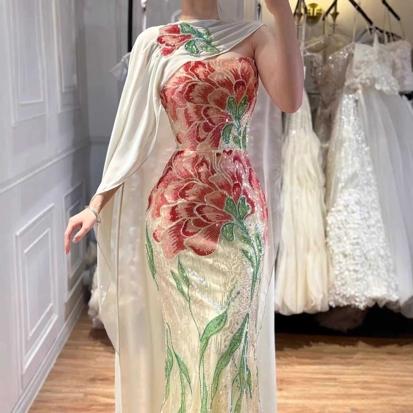 SERENE HILL 2026 Customized Purple Floral Mermaid With Shawl Evening Dress Strapless Women Formal Party Gown CLA73538A