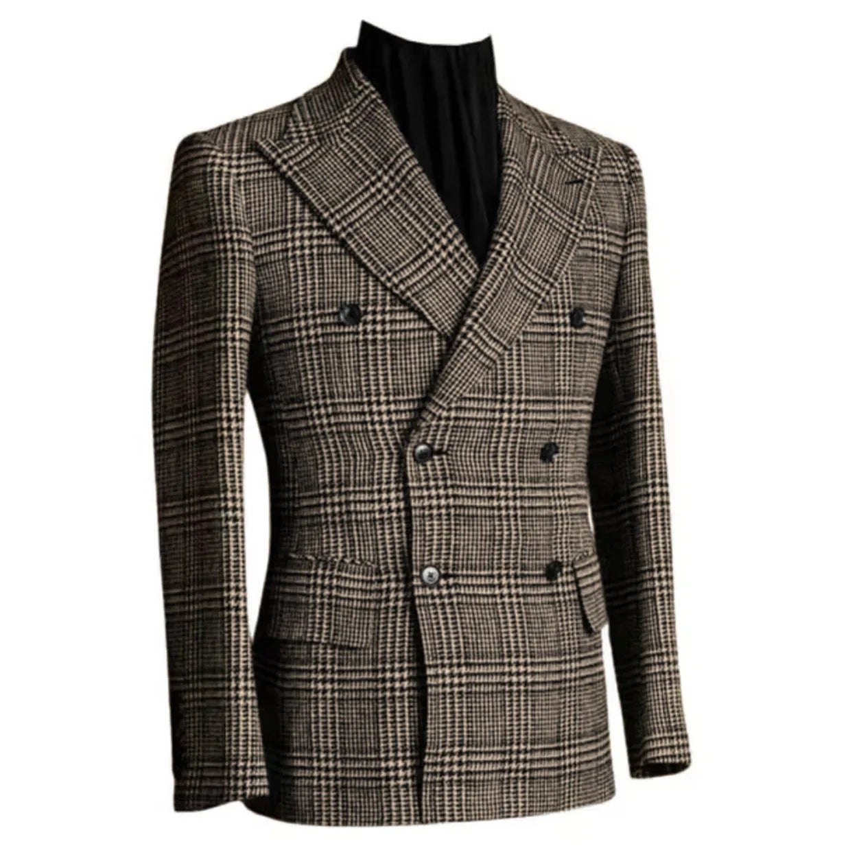 Autumn Winter Houndstooth Men's Long Coat Double Breasted Classic Jacket for Wedding Formal Blazers Groom Business Tuxedos