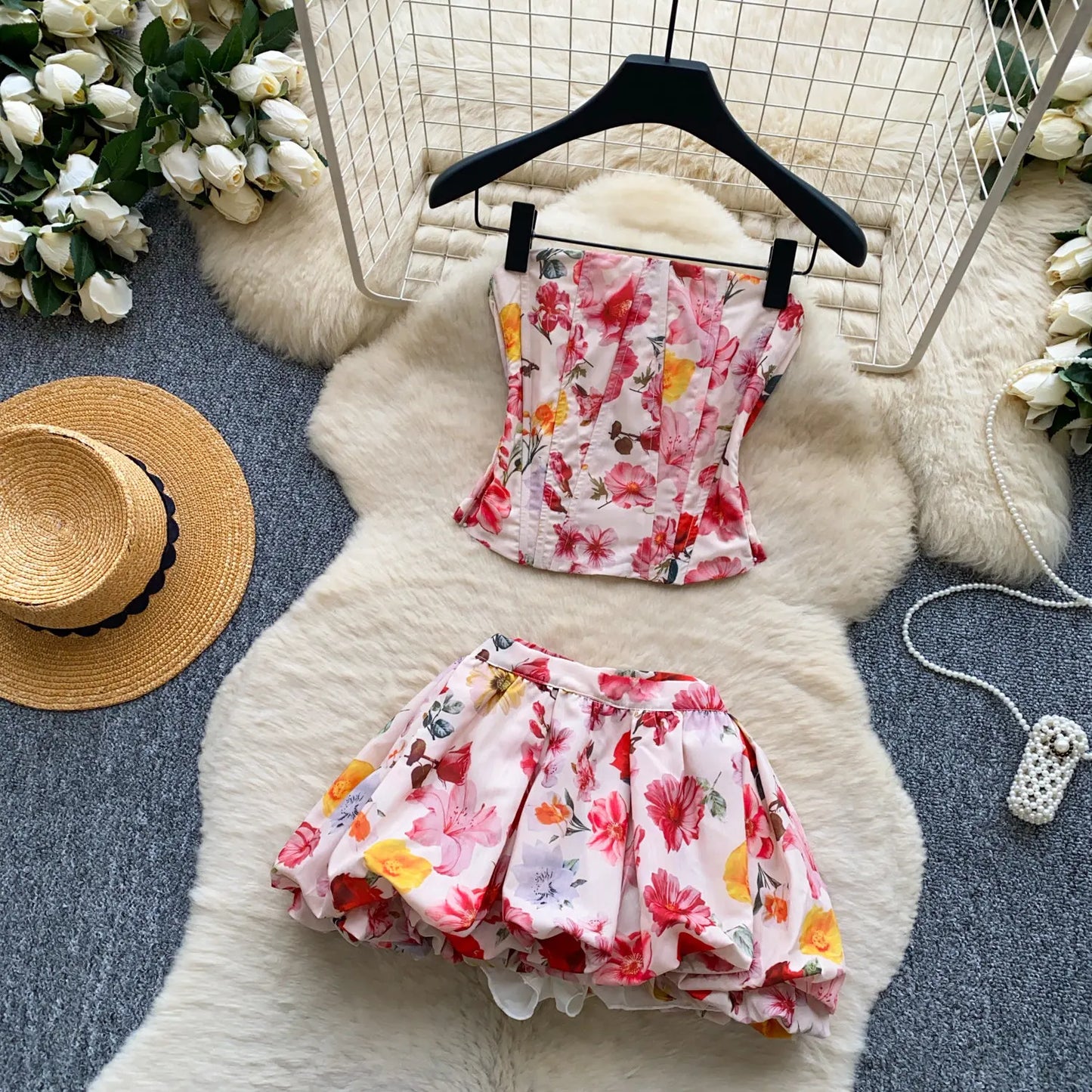 SINGREINY Summer Beach Floral Suits Strapless Sensual Bustier Tank Top+Mini Bud Skirt French Style Women Slim Hotsweet 2Pcs Sets