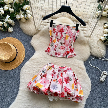 SINGREINY Summer Beach Floral Suits Strapless Sensual Bustier Tank Top+Mini Bud Skirt French Style Women Slim Hotsweet 2Pcs Sets