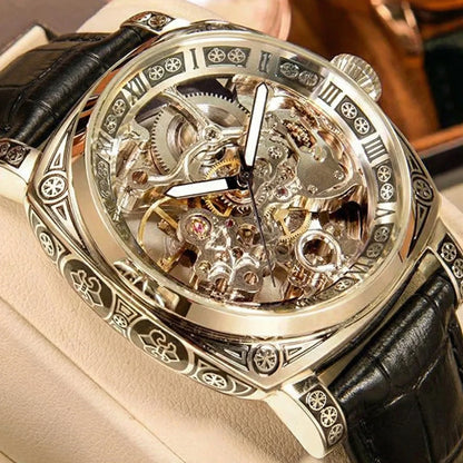 A MEN'S Black Zinc Alloy Business Style Luminous Carved Fully Automatic Tourbillon Hollow Mechanical Watch