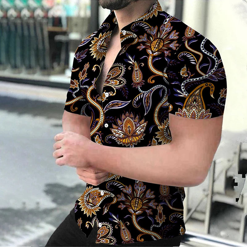 Summer Fashion Men's Casual Oversized Shirts Turn-down Collar Buttoned Shirt Stripe Print Short Sleeve Tops Party Mens Clothing
