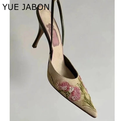 Flowers Embroidered Stiletto Heel Sandals Women Elegant High Heels Slingback Sandals China Embroider Pointed Toe Pumps Women