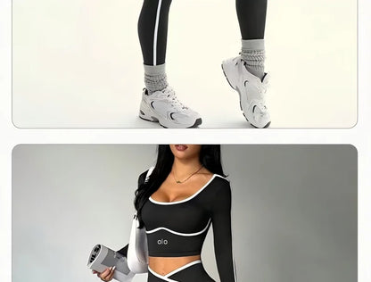 2026 Popular Color Blocking Yoga Set, Tight Yoga Long Sleeved Pants V Waist and Hip Lifting Tight Yoga Pants Luxury Set